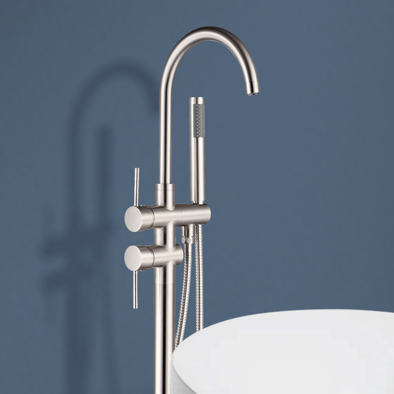 Topcraft Double Handle Floor Mounted Freestanding Tub Filler with Hand shower, Brushed Nickel