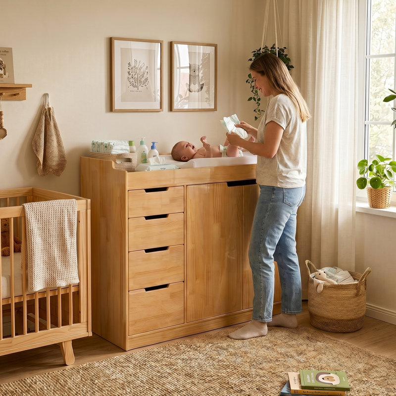  118cm Wide Solid New Zealand Pine Wood Baby Changing Table - 4-drawer Diaper Cabinet With Double Door Cupboard - Eco-friendly Nursery Storage - Natural