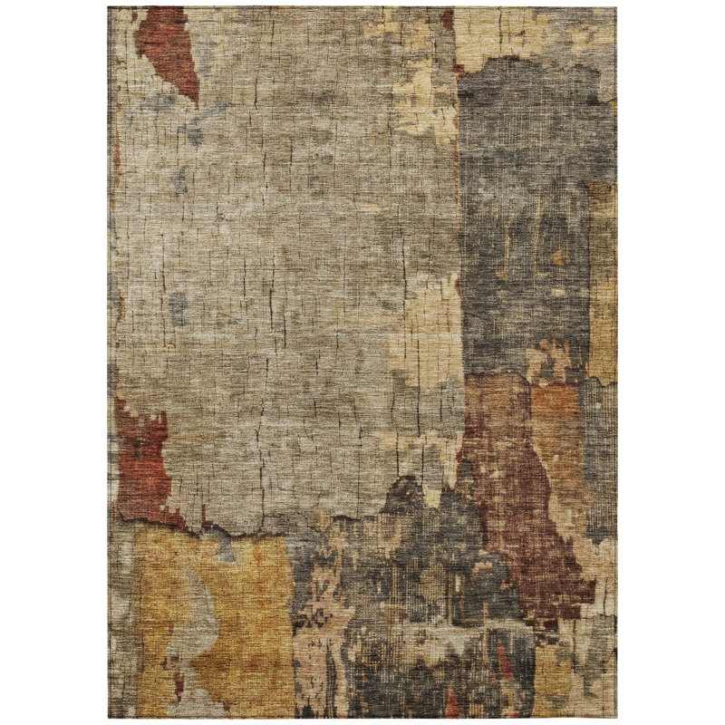 Red and Khaki Abstract Washable Synthetic Rug, 3' x 5'