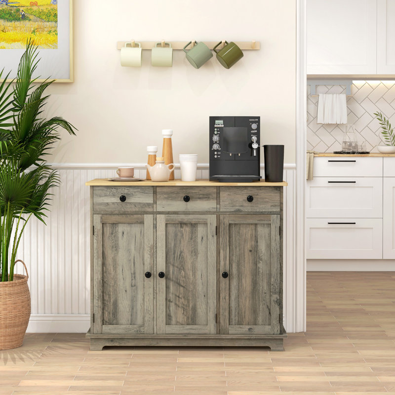 Buffet avec comptoir en bois massif, armoire de rangement pour la cuisine, armoire à café avec 3 tiroirs, portes et tablette réglable
