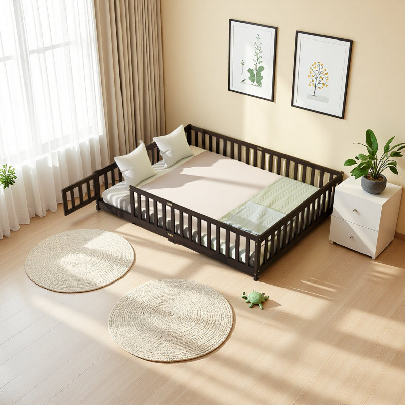 Lit grand format avec clôture, porte et lit en bois d'hévéa, Espresso