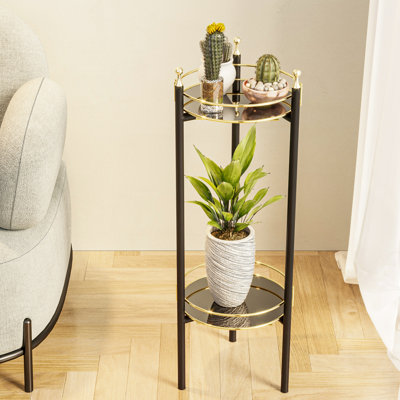 Plant Stand Table 2 Tier - Black Metal Frame With 2 Portable Golden Plate Tray, Plant Holder Stand, Serving Cart Tray And Wine Rack, Indoor/outdoor Pl by Arlmont & Co.