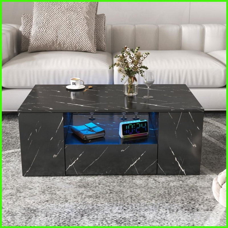 Table basse de salon moderne à DEL avec 2 tiroirs, tablette latérale ouverte et amp; Finition en mélamine facile à nettoyer