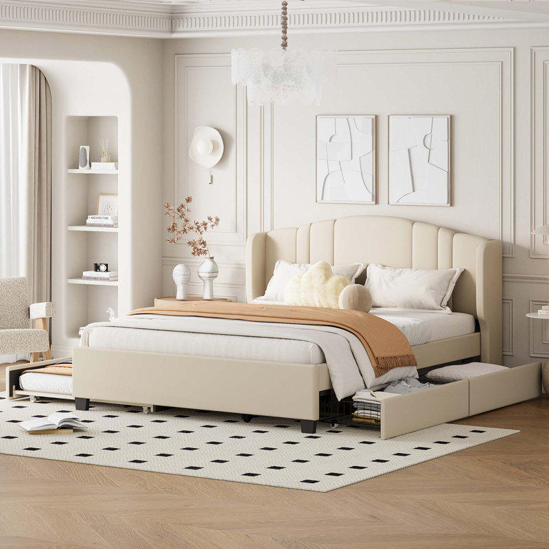 Upholstered Platform Bed With Wingback Headboard,One Twin Trundle And 2 Drawers,No Box Spring Needed, Linen Fabric,Queen Size