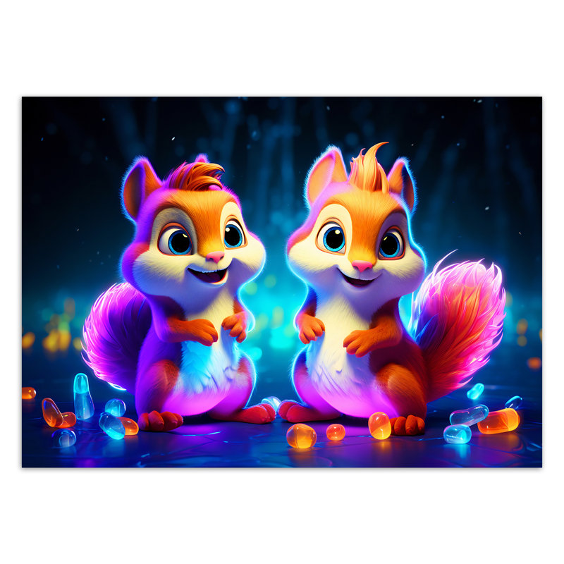 Cartoon Squirrel Neon - Wrapped Canvas Print, 80cm H x 120cm W