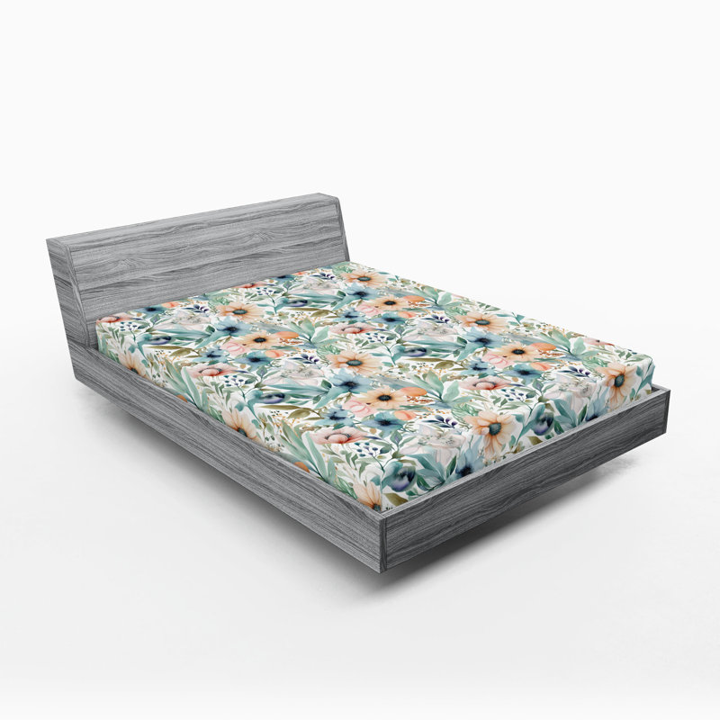 Drap-housse Ambesonne, Écume de mer, pêche, blanc / floral, Drap-housse grand