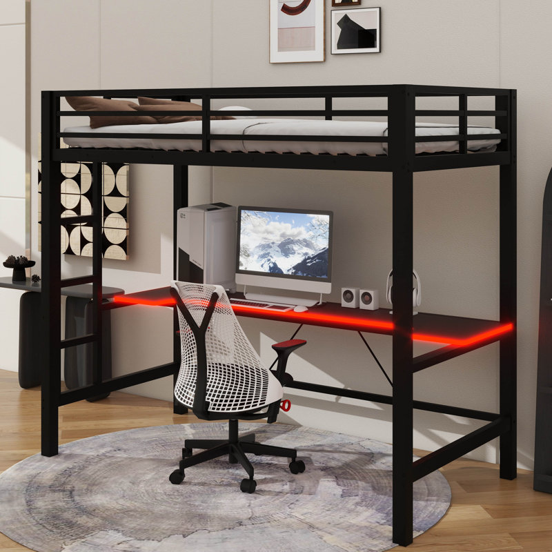 Lit mezzanine avec bureau, éclairage à DEL RVB et station de charge, Simple, Noir