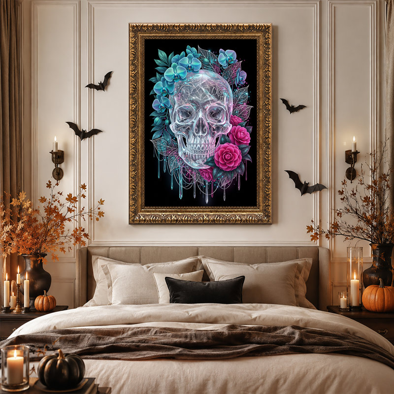 " Translucent Glowing Skull With Blue Orchids And Halloween " Painting, H 24 po x l 16 po