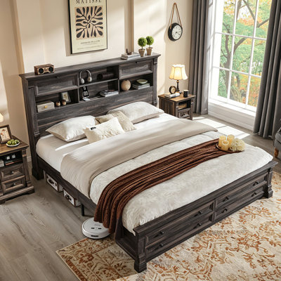 Farmhouse Storage King Bed Frame with 2 Underbed Drawers, Storage Headboard with 2 Bedside Drawers & Open Bookcase Shelves, Charging Station Included