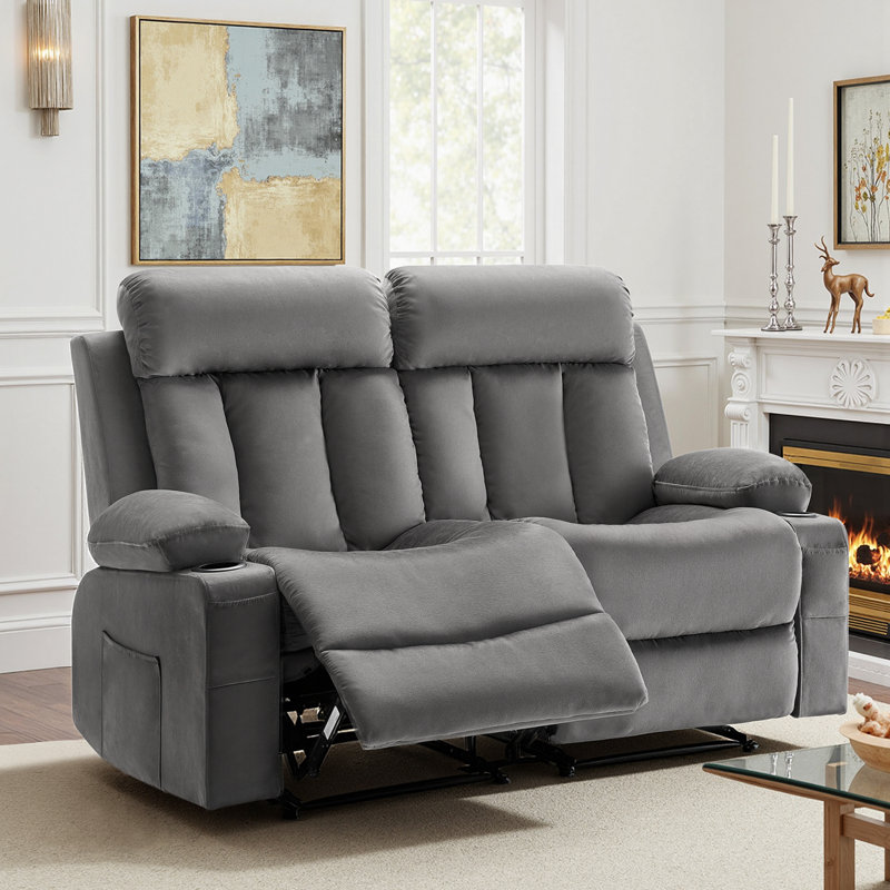 Loveseat Recliner Sofa, Power Reclining Couch with Heating and Massage, Soft Velvet Electric Recliner Sofa with USB Ports, Cup Holders and Side Bags, Dual Loveseat Chair for Living Room, Grey