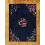 Rectangle 1920s Hand Knotted Pile Floral Medallion Wool Antique Blue Rug