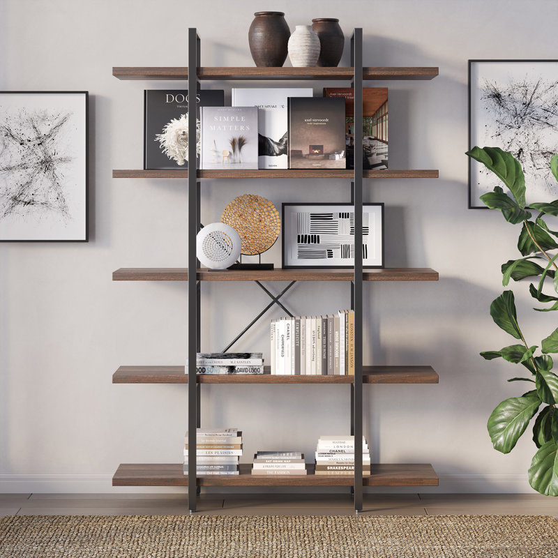 Bibliothèque en métal, Noyer foncé, (5 tablettes) H 70 po x l 47,3 po x p 12,5 po