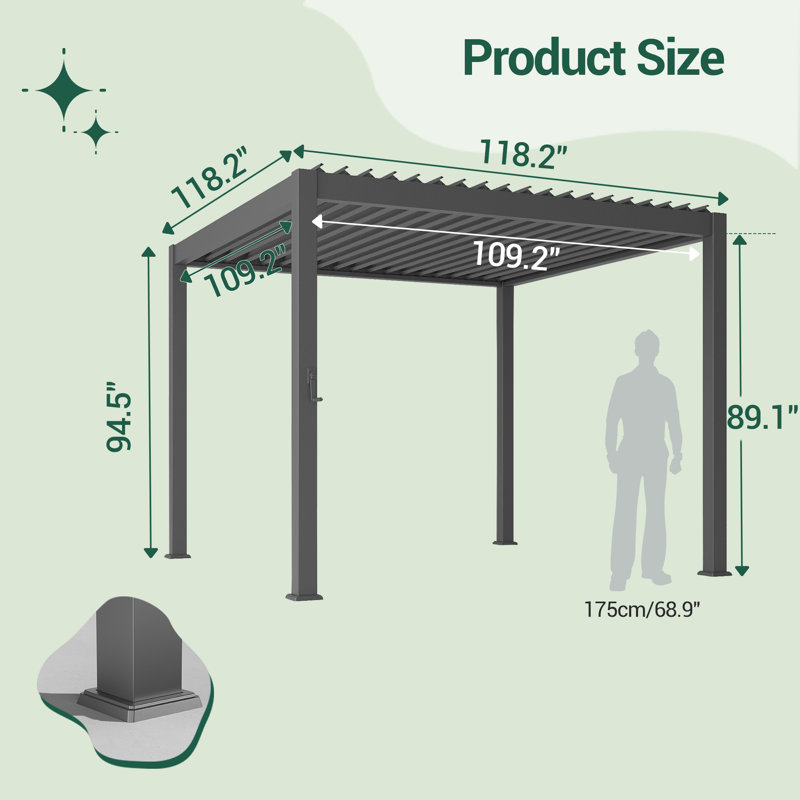 Pergola de patio à cadre en aluminium avec toit à persiennes réglable, 10 pi x 10 pi, Gris foncé
