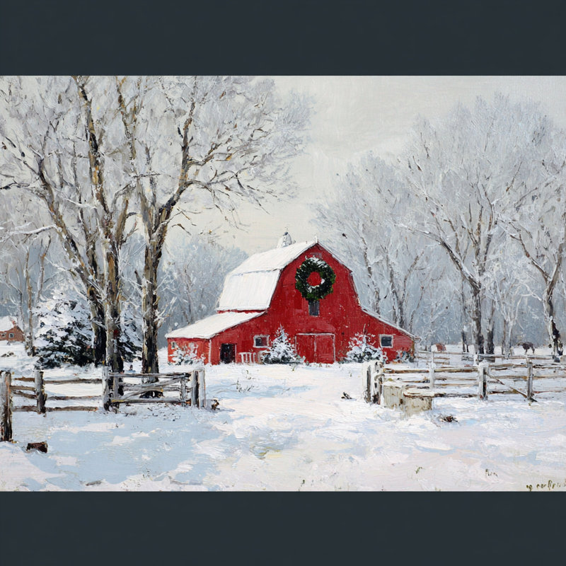 «Farmstead Barn with Holiday Wreath», art mural sur toile tendue, H 24 po x l 36 po