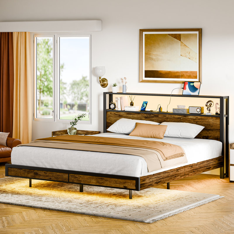 Bed Frame With Led Lights, Industrial Platform Bed With Charging Station, Queen