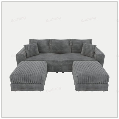 82.7 Inch Plush Corduroy 3-Seat Sofa with Soft Pillows and 2 Ottomans, Convertible to Lounge Chair for Living Room, Apartment, Office