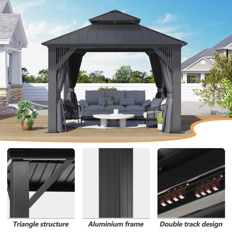 10 ft x 10 ft Black Aluminum Frame Gazebo with Curtains and Netting