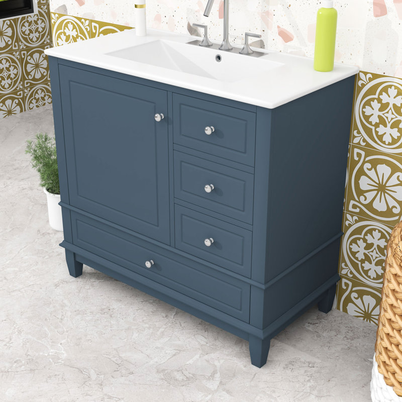 Meuble-lavabo 3 tiroirs avec lavabo en céramique et trous de robinet pré-percés, Bleu gris
