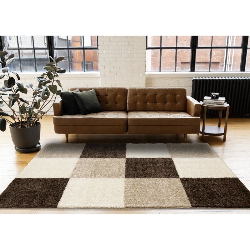 Neutral Brown Checkered Soft Shag Area Rug, Rectangle 7'10" x 10'6"
