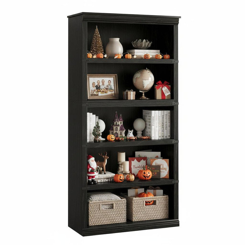 79.76 cm W Solid Wood Bookcase, (5 Shelves) 171.2 cm H x 79.8 cm W x 32.3 cm D, Black