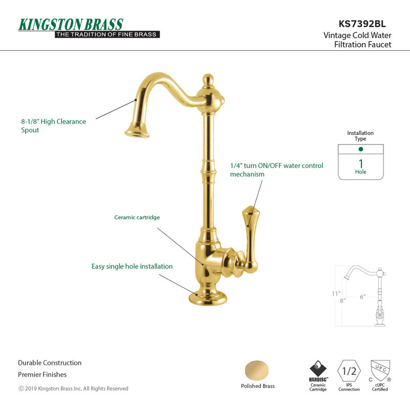 Vintage Cold Water Dispenser and Swivel Spout, Polished Brass