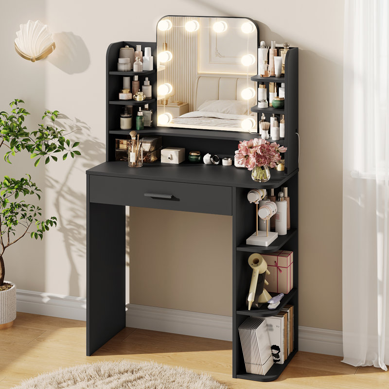Narien Makeup Vanity With LED Lighted Mirror & Power Outlet for Bedroom, Black