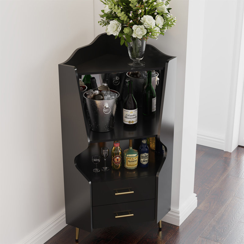 Bar d'angle en bois avec dossier en miroir, tablettes ouvertes, tiroirs, Noir