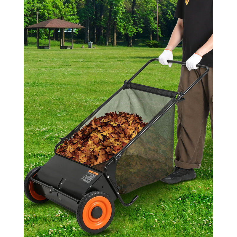 Balai à gazon 26 po, 7 pieds cubes Pi. Collecteur de feuilles et d'herbe Hopper, 4 brosses rotatives, hauteur de brosse réglable, balais manuel pour tontes de gazon, feuilles et débris légers