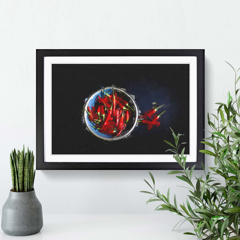 Red Chilli's in a Bowl in Abstract - Picture Frame Graphic Art Print on MDF, 62cm H x 87cm W x 2cm D, Black Framed