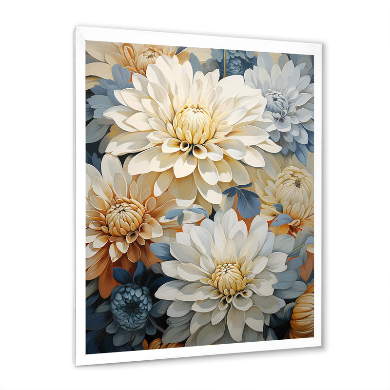 Blooming Mums, peinture en beige et bleu sur toile, H 40 po x l 30 po x P 1,5 po, Cadre simple blanc