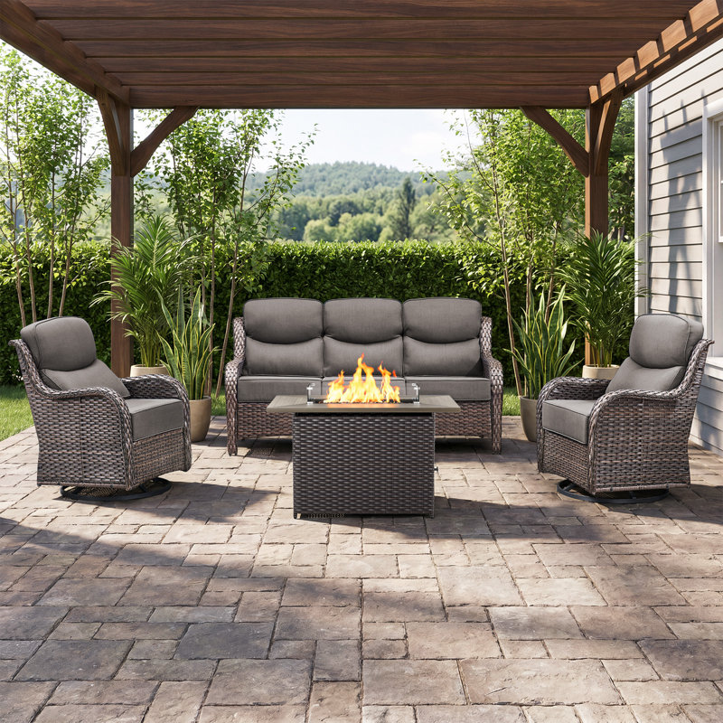 4 Pieces Patio Furniture Set, Outdoor Wicker Sofa Couch With Swivel Chairs 41" Fire Pit Table, All Weather High Back Modern Conversation Sets