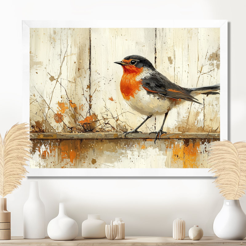 Oiseau Robin par The Farm I - oiseau, art mural, H 16 po x l 32 po, Blanc, Picture Framed