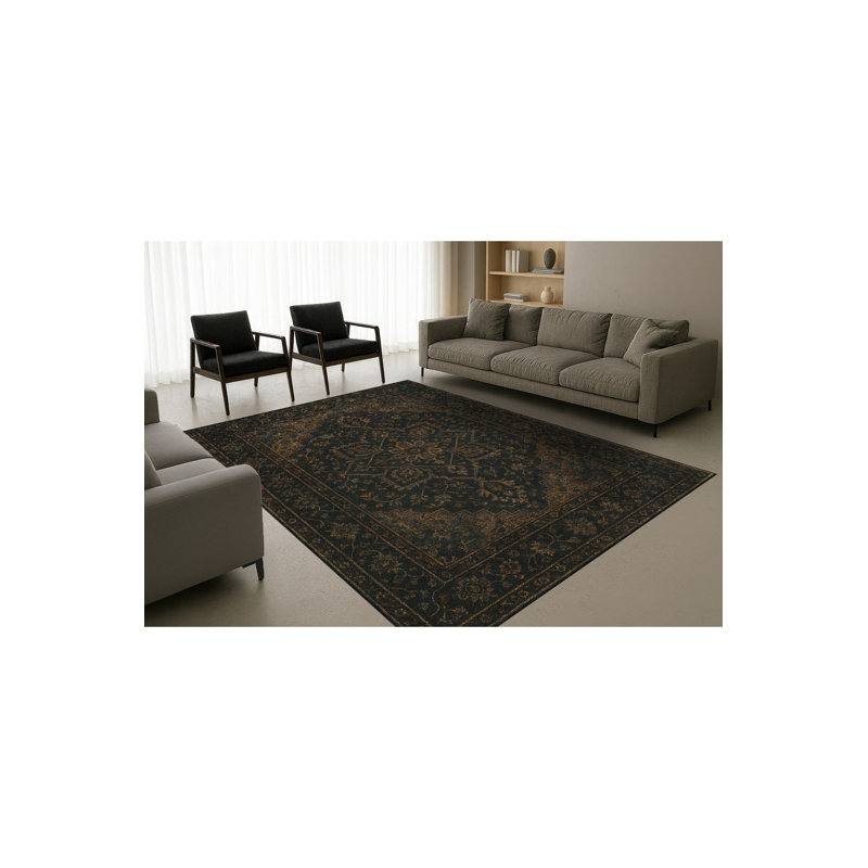Tapis noir tissé à motif lavable traditionnel Mosso, 3'3" x 4'11"