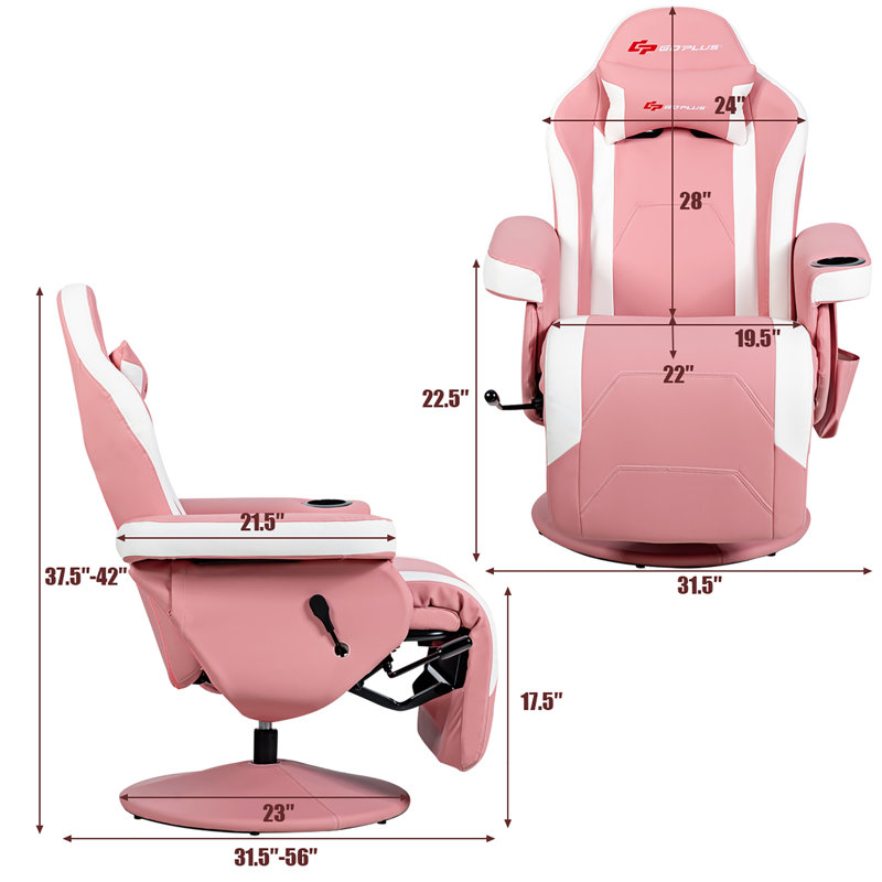 Pink and White PU Leather Reclining Gaming Chair with Footrest