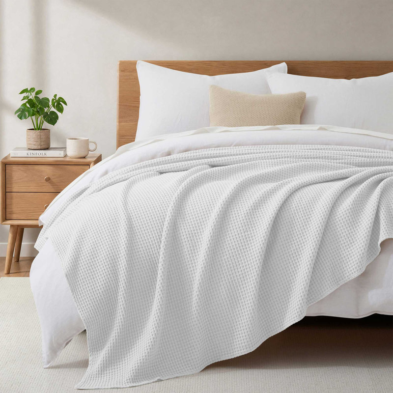 Couverture en coton à tissage gaufré, douce et texturée, pour un confort optimal en toute saison, Lit simple, Blanc