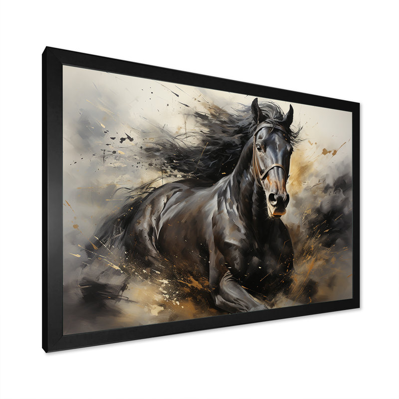 Étalon noir en mouvement I - cheval, art mural, H 34 po x l 44 po x P 1,5 po, Cadre simple noir