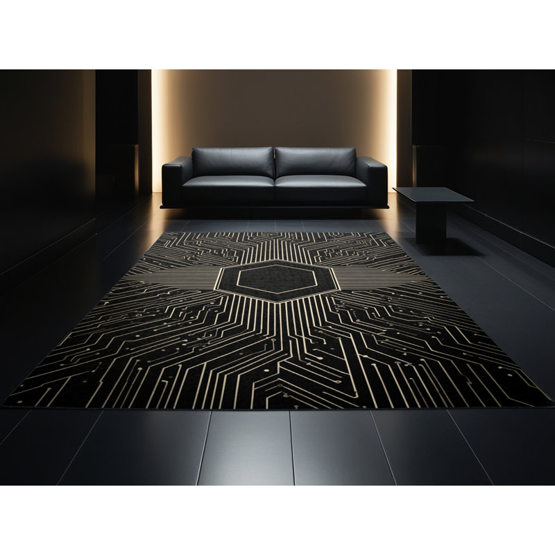 Machine Washable Oscor Computer Chip Diagram Modern Geometric Rug in Black – Black Binding, 2x5