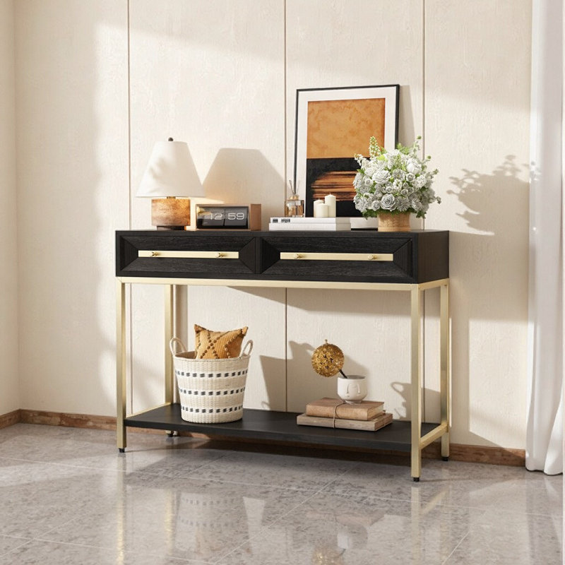 45.5 Inch Black Entryway Table with Geometric Design & Gold Accents, Mid-Century Modern Console Table with 2 Drawers & Open Shelf