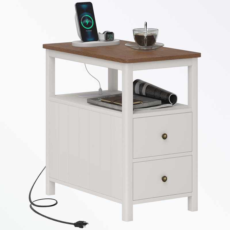 End Table with Charging Station, USB Ports, Drawers and Shelf, White