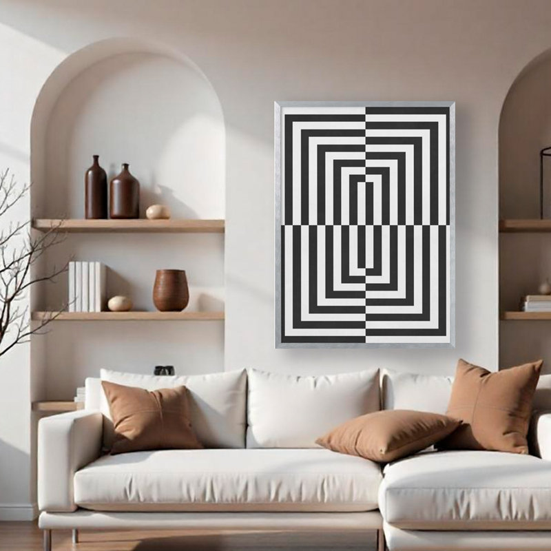 "Lignes noires et blanches", art texturé encadré, Argent argent, H 24 po x l 18 po