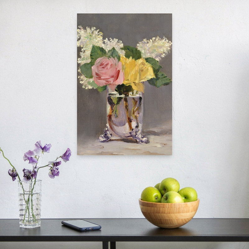 Lilacs And Roses, 1880 Abstract Contemporary Rose Bush Lilac Flower Wall Art Print by Edouard Manet - Wrapped Canvas Print