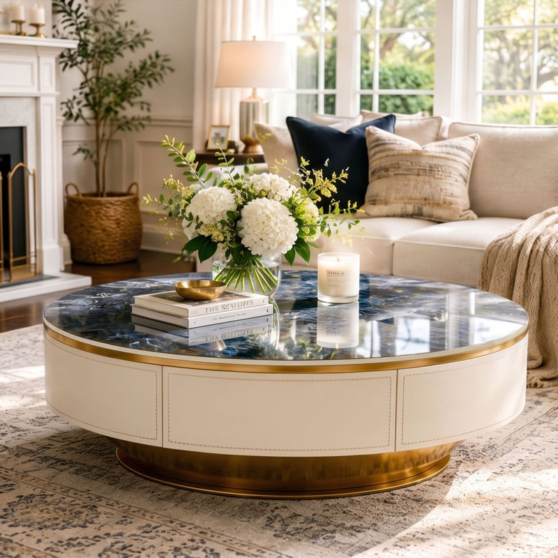 Table basse ovale moderne pré-assemblée, plateau en saphir de 51,18 po avec armoire en similicuir crème et base dorée, table basse luxueuse avec rangement à tiroir caché pour le salon