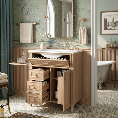 30" Solid Wood Frame Bathroom Vanity With Sink, Multi-Functional Storage Cabinet With 3 Drawers & Door Rack (Wood / Light Wood)