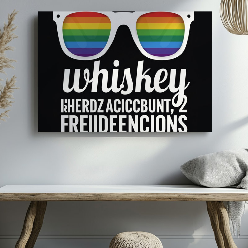 La toile crée une conception graphique vibrante et ludique avec une paire d'art mural de lunettes de soleil surdimensionnées avec des lentilles de couleur arc-en-ciel sur toile