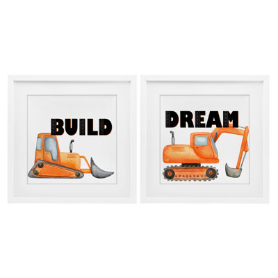 Build & Dream Construction Vehicles 2pc Framed Print Under Glass Set, design by Kim Allen