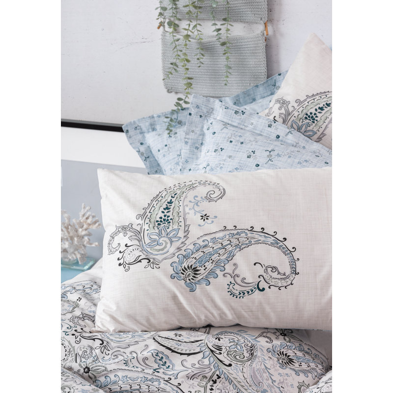 Ensemble de housse de couette 100% coton 3 pièces bleu / blanc / noir Aeilt