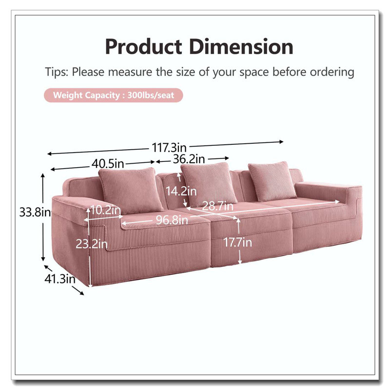 Canapé modulaire sans siège à 3 places, canapé modulaire Cloud avec assise profonde, canapé modulaire moderne à 3 places avec coussins décoratifs Tissu en velours côtelé