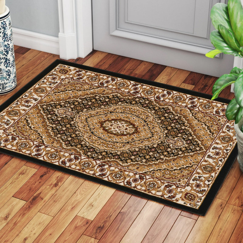 Luxury Traditional 24 In. Wide By 36 Deep Black And Area Rug, Machine-Made Medallion Pattern, 100% Polypropylene, Stain Ornate Classic Rectangle Medallion, & Pet
