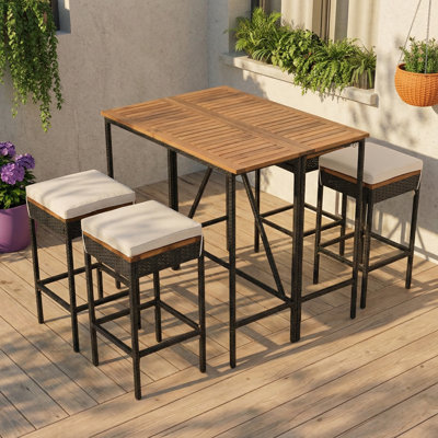 5-Piece Outdoor Acacia Wood Bar Set with Cushions