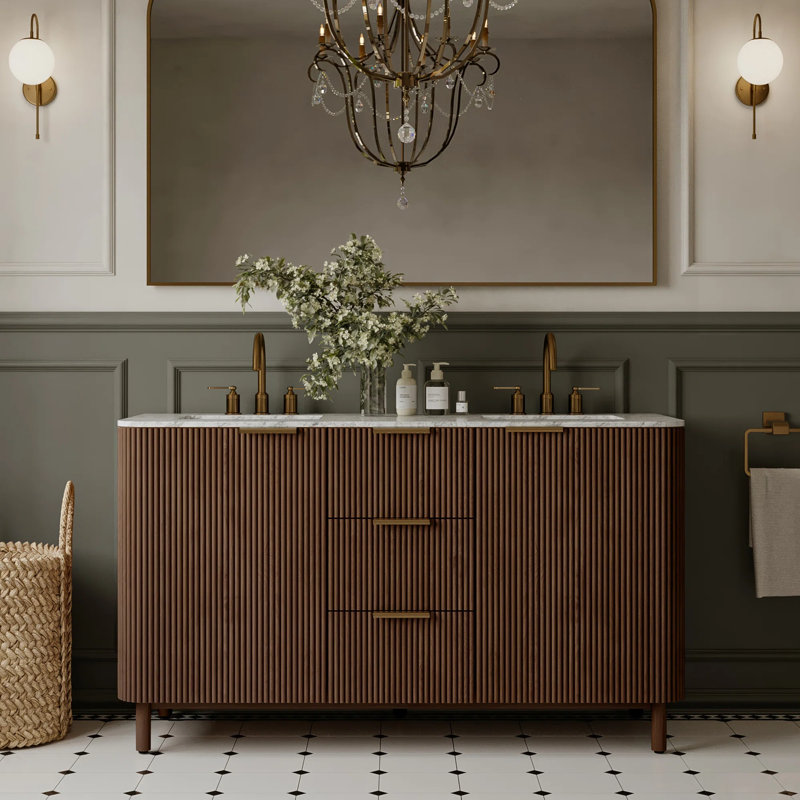Meuble-lavabo double 60 po avec comptoir en marbre de Carrare Nova, Brun roseau